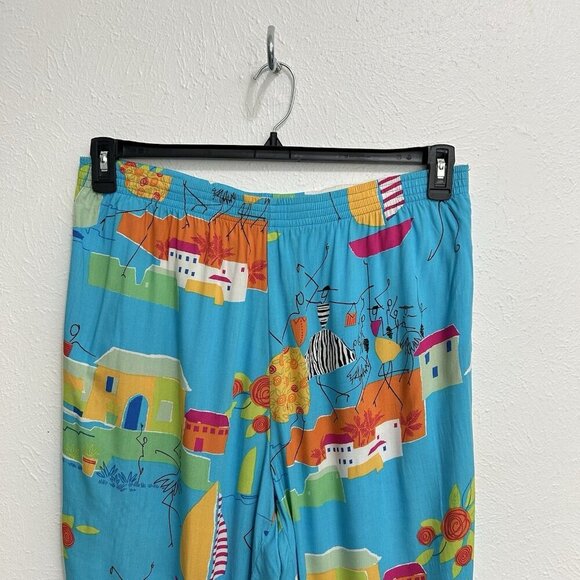 VTG 90s Paradise Turquoise Beaded Novelty Print 1X Pants Resort Wear Beach Fish - Picture 2 of 11